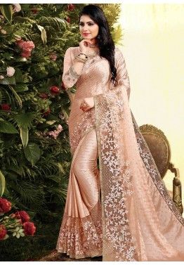 Designer Onion Pink Zari Stone Embroidery Bollywood Sari Silk Wedding Wear Saree