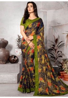 Indian Saree Sari Orange Color Chiffon Wedding Ethnic Wear Floral Print Saree SS