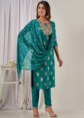 Blue Embroidered Readymade Pant Suit In Rayon