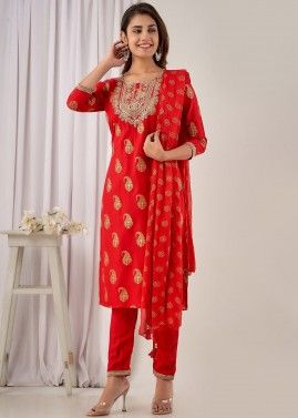 Red Readymade Rayon Pant Suit In Embroidery