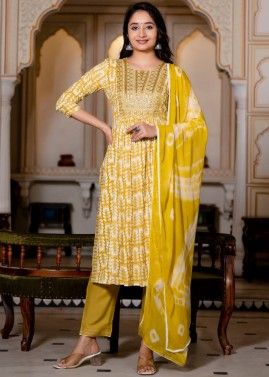 Yellow Readymade Printed Rayon Pant Suit In Embroidery