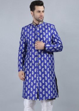 Blue Readymade Printed Sherwani For Men