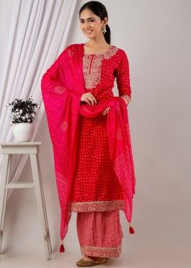 Red Embroidered Readymade Palazzo Suit In Rayon