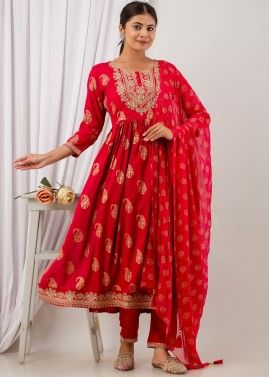 Red Embroidered Readymade Rayon Pant Suit 