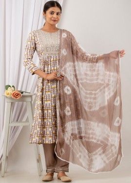 Brown Embroidered Readymade Printed Pant Suit In Rayon
