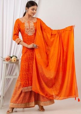 Orange Embroidered Readymade Rayon Pant Suit 