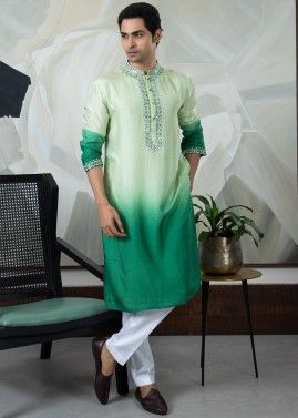 Mens Shaded Green Embroidered Kurta With Pajama