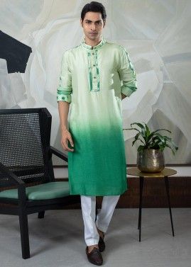 Readymade Mens Shaded Green Kurta Pajama In Silk
