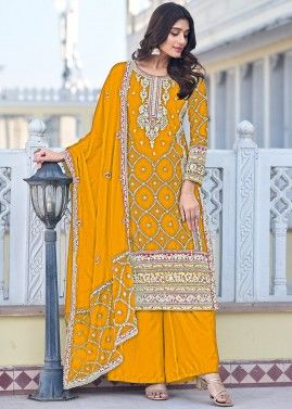 Yellow Embroidered Palazzo Suit Set In Chiffon