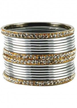Stone Studded Silver and Golden Bangle Set