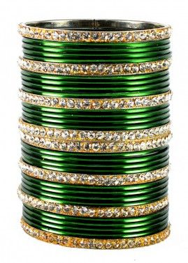 Stone Studded Green and Golden Bangle Set