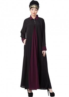 Readymade Black and Purple Contrast Collar Abaya