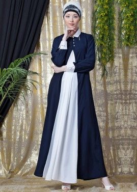 Readymade Blue and White Contrast Collar Abaya