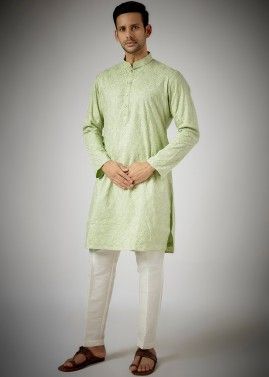 Green Chikankari Kurta Pajama In Cotton Silk
