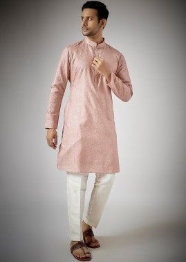 Pink Chikankari Kurta Pajama For Men