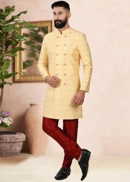 Yellow Indo Western Readymade Jacquard Men's Sherwani