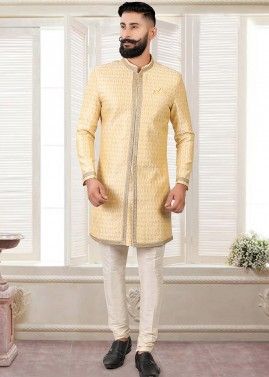 Beige Readymade Thread Embroidered Sherwani For Men