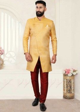 Yellow Readymade Asymmetric Jacquard Men's Sherwani