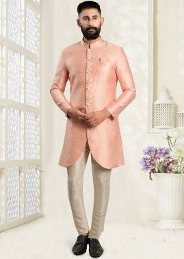 Pink Readymade Jacquard Men's Sherwani In Woven Print