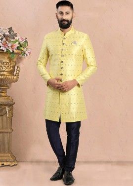 Yellow Readymade Printed Jacquard Men's Sherwani