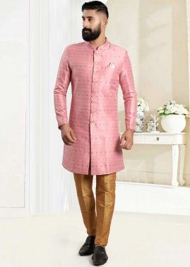 Pink Readymade Jacquard Men's Sherwani In Digital Print