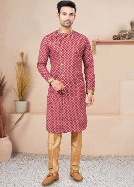 Pink Readymade Printed Indo Western Sherwani In Cotton