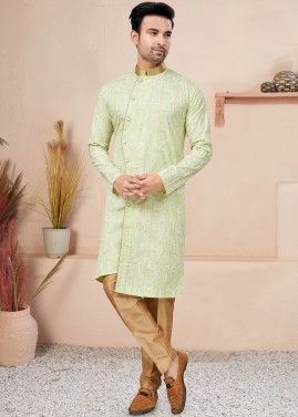 Green Readymade Cotton Printed Indo Western Sherwani
