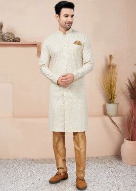 White Readymade Printed Indo Western Sherwani In Cotton