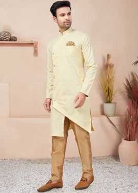 Yellow Readymade Cotton Printed Indo Western Sherwani