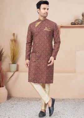 Brown Readymade Printed Indo Western Sherwani In Cotton