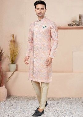 Pink Readymade Cotton Indo Western Sherwani In Digital Print