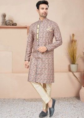 Multicolor Readymade Printed Indo Western Sherwani In Cotton 