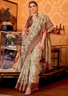 Cream & Brown Traditional Print Saree