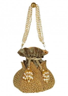 Pearl Embellished Golden Art Silk Potli Bag