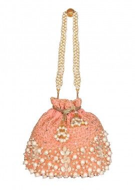 Pearl And Sequins Embellished Peach Potli Pouch