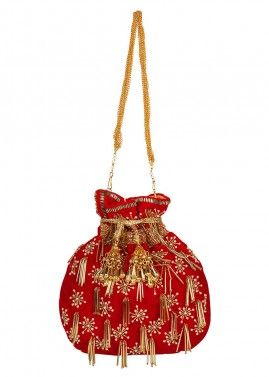Red Pearl Embellished Fringed Potli Pouch