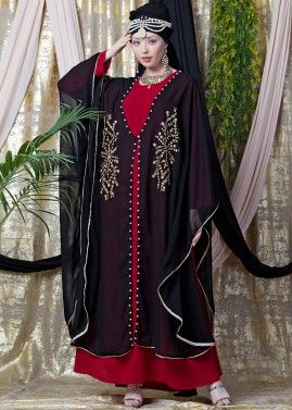 Readymade Black Embroidered Kaftan With Abaya