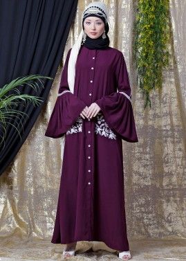 Readymade Buttoned Purple Bell Sleeved Abaya