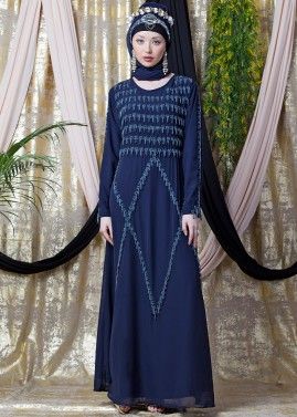 Readymade Georgette Embroidered Abaya In Blue