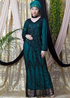 Green Black Embroidered Twin Layered Abaya