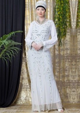 Readymade Embroidered Twin Layered White Abaya