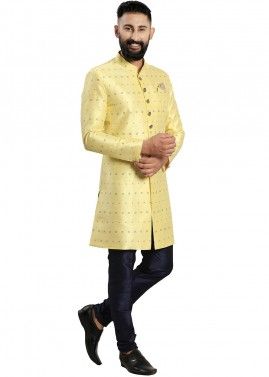 Readymade Yellow Woven Indo Western Sherwani Set