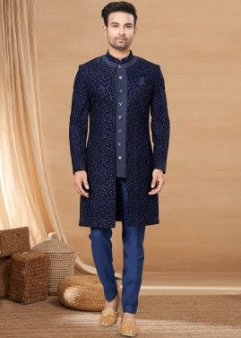 Navy Blue Embroidered Jacket Style Indo Western Sherwani