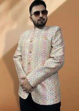 Cream Embroidered Mens Bandhgala Jodhpuri Jacket