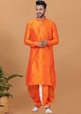 Mens Orange Readymade Dhoti Kurta