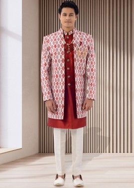 Red Printed Jacket Style Indo Western Sherwani Set
