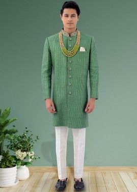 Green Embroidered Indo Western Sherwani Set