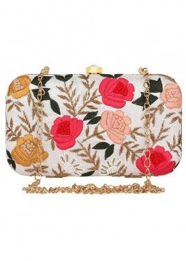 Floral Embroidered White Frame Box Clutch