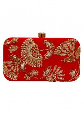 Sequins Embellished Red Clutch With Chain Strap