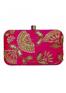 Pink Embroidered Frame Box Clutch With Chain Strap